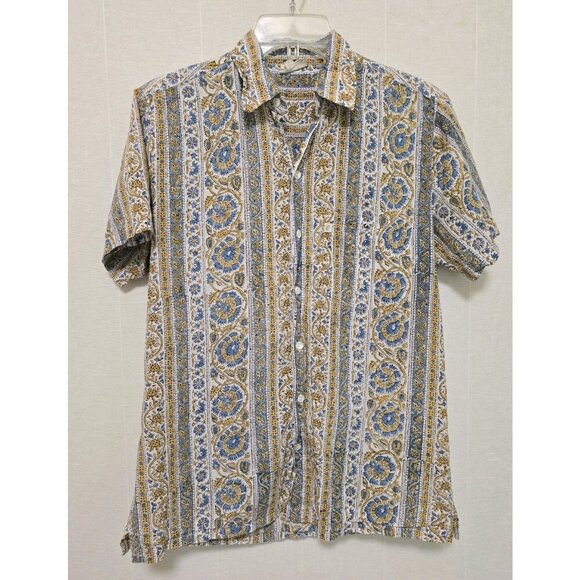 Anokhi Shirt Mens XS Blue Yellow Block Print Short Sleeve Button Up India Cotton - Picture 1 of 6